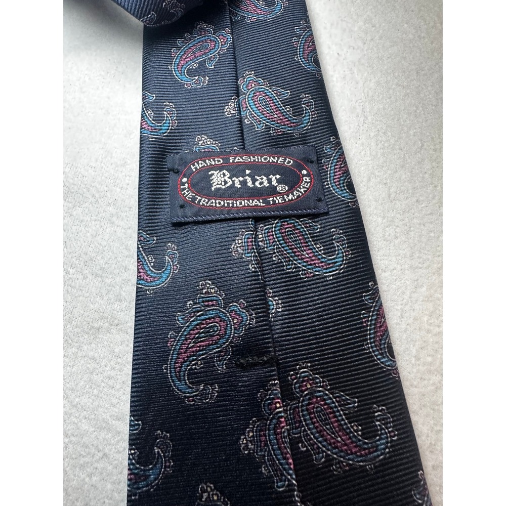 Briar Mens Navy Blue Paisley Silk Tie Hand Fashioned Italian Fabric Made in USA - Picture 6 of 9